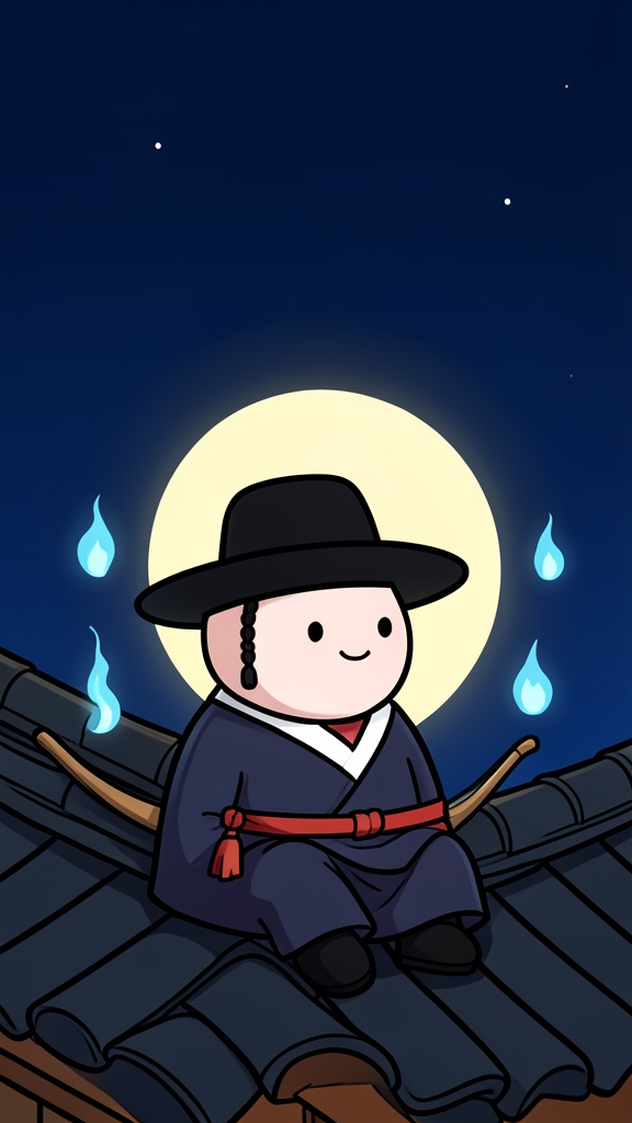 보름달 아래 기와지붕에 앉은 저승사자와 푸른 도깨비불
